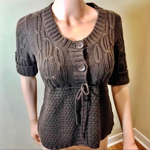 Brown Tab Sleeved Button Down Empire Waist Sweater - Picture 3 of 4